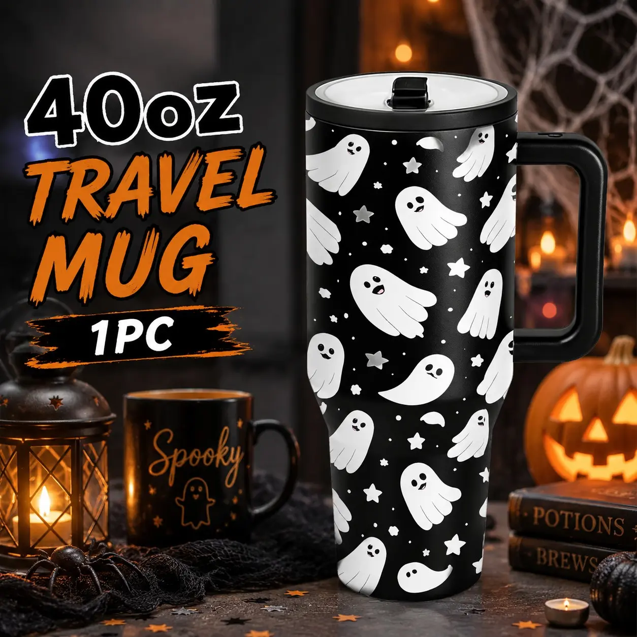 40oz Ghost Print Double Layer Insulated Tumbler with Handle and Straw Lid, Insulated Drink Tumbler, Leakproof Tumbler, Black and White Pattern Travel Mug, Double Wall Stainless Steel, Fits Car Cup Holder, Portable for Driving, Gift for Women and Men