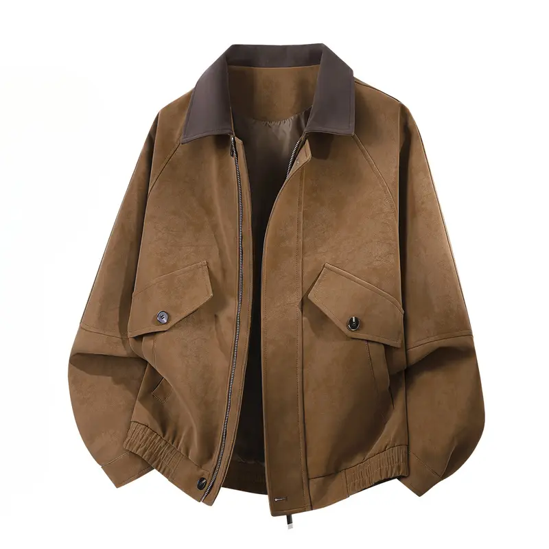 Men's Contrast Collar Faux Suede Workwear Jacket, Vintage Faux Suede Fabric, Soft, Skin-Friendly, Breathable And Heat Retaining, Elastic Cuffed Hem, Suitable For Daily Commute And Street Casual Outfits