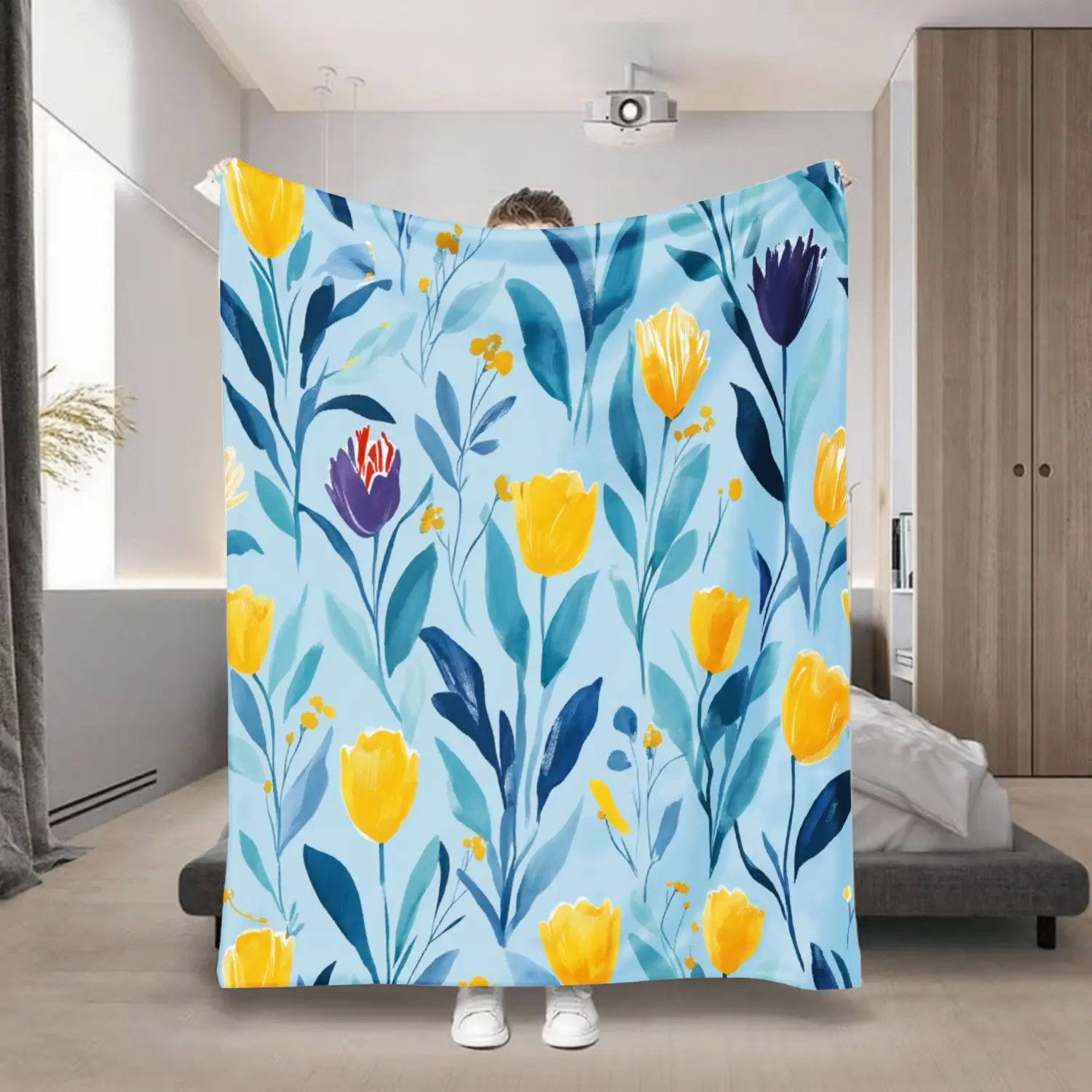 A Yellow Flannel Blanket With Floral Leaf Pattern, Square Gift Blanket, Comfortable And Soft, Very Suitable For Adults To Use At Home, Picnic Or Travel