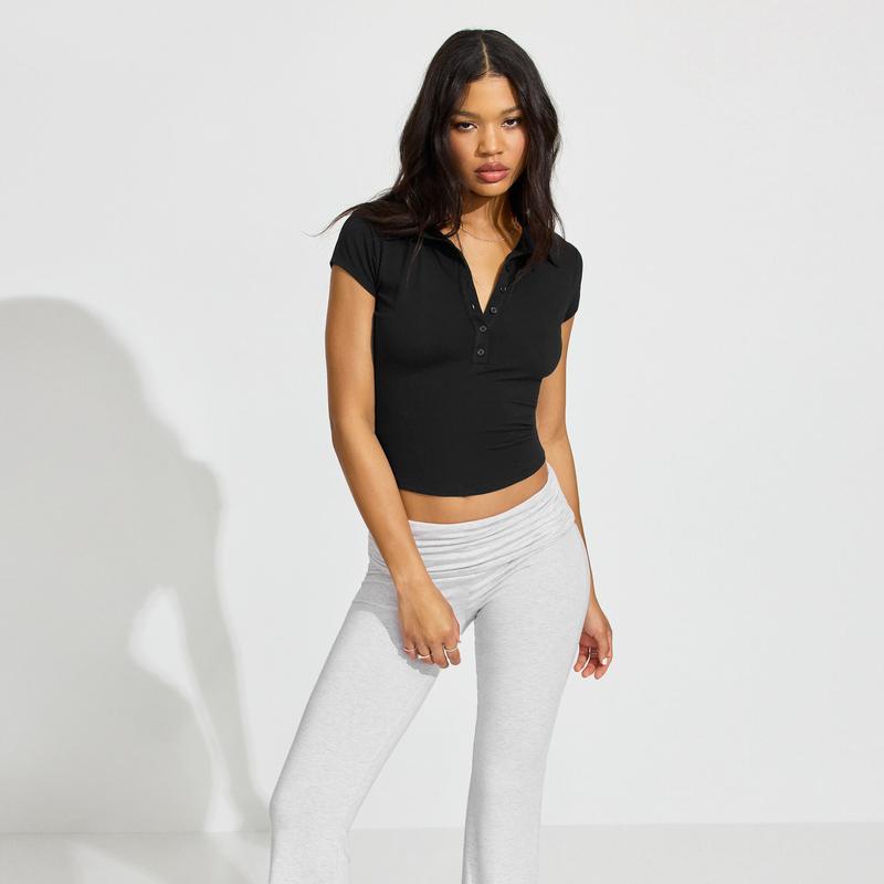 Summer Polo Collar Button Short Sleeve Slim Fit Sports Waist-Cinching Solid Color Versatile Top Short Sleeve