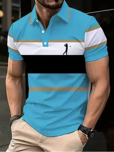 Men's short-sleeved polo shirt with casual 3D prints suitable for summer golf, featuring a geometric stripe design