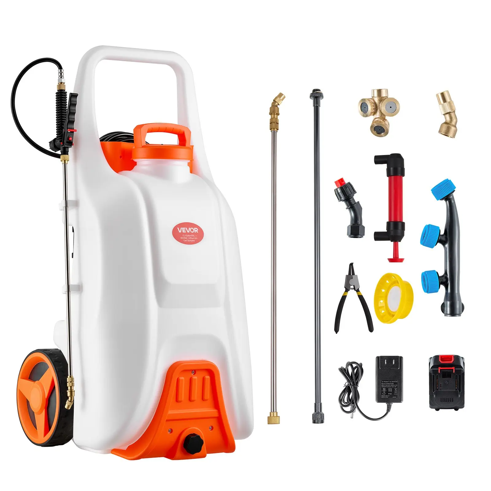 【toolupgrade】VEVOR Battery-Powered Wheeled Cart Weed Sprayer, 13.1 Gal Electric Sprayer with Adjustable 0-80 PSI, 5 Nozzles, 98ft Hose, 3-6H Spray Time, for Weed Control, Cleaning, Adjustable Psi