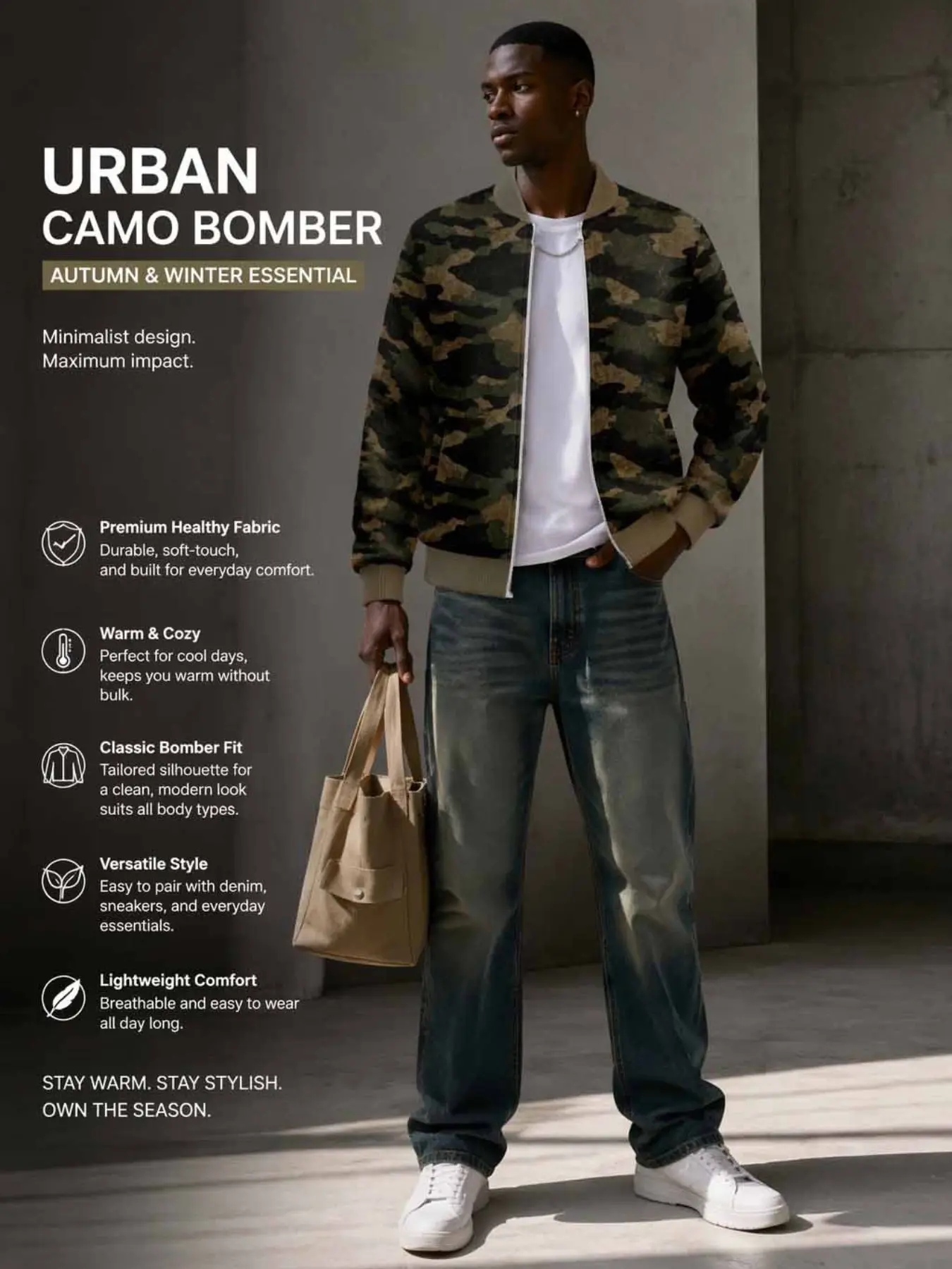 Men's Classic Camouflage Full Zip Bomber Jacket, Vintage Military Camo Baseball Collar Windproof Jacket, Trim Tactical Streetwear Fall Winter Outerwear