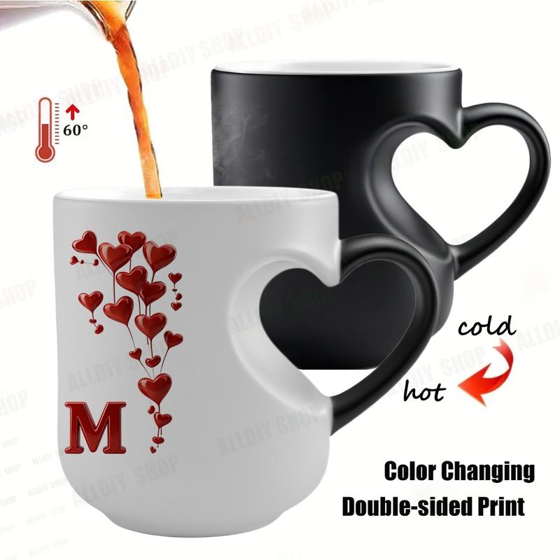 Color Changing Mug A-Z Initial Heart Coffee Cup, Thermosensitive Ceramic Mug with Heart-Shaped Handle, 11 Oz/330 Ml, Valentine's Day Gift