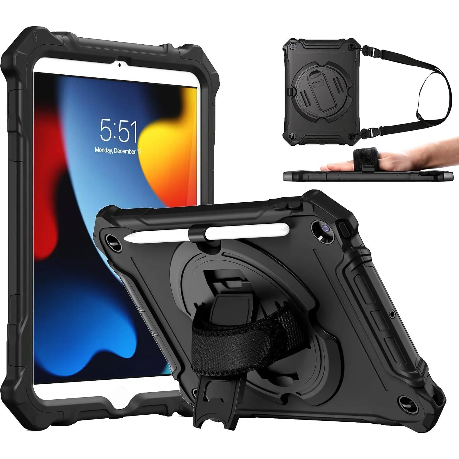Heavy-Duty Polycarbonate Tablet Case for 10.2in iPad 9th/8th/7th Generation, Portable Shockproof Full Protective Accessory with 360° Rotating Hand Strap, Rotating Stand, Pencil Holder, Black, Drop Proof