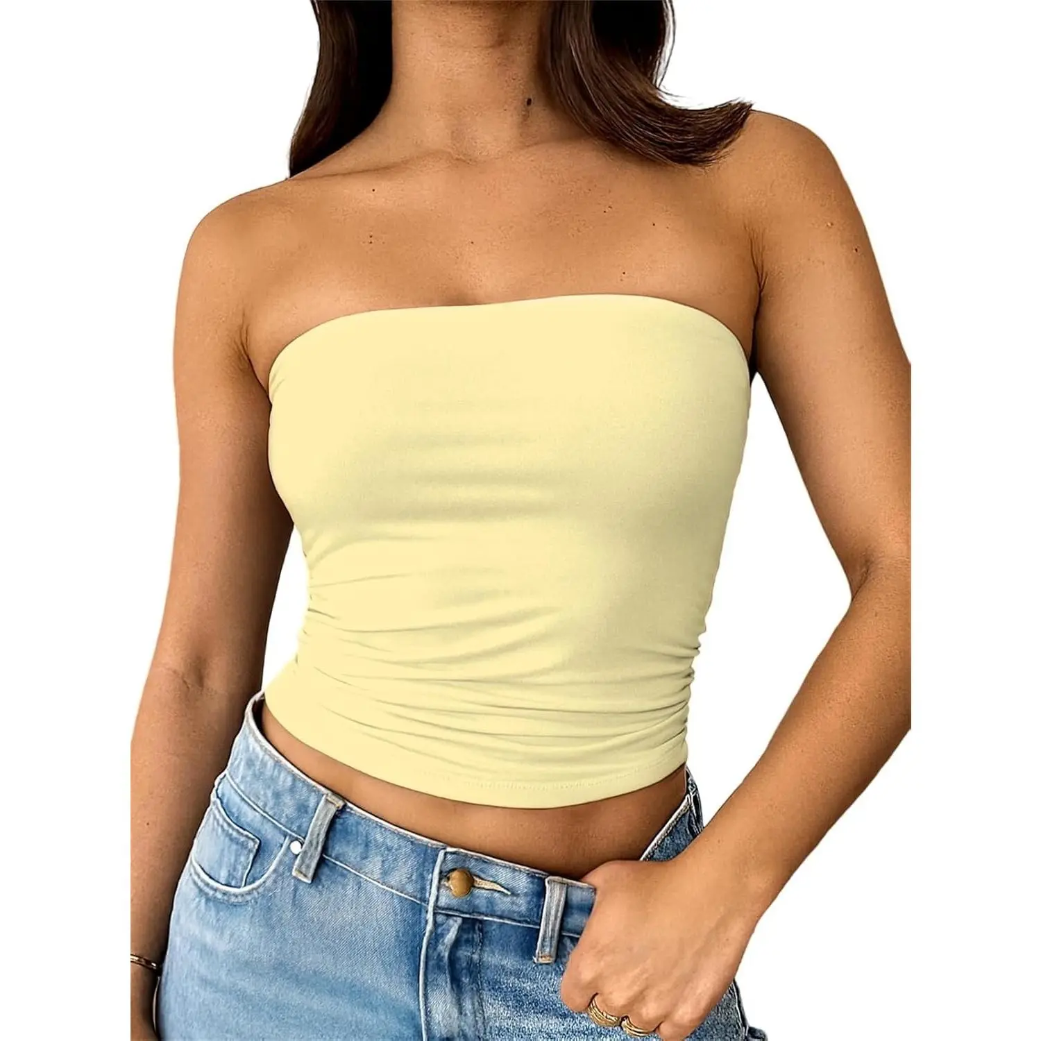 Women Strapless Tube Tops Double Lined Ruched Backless Bandeau Going Out Top Basic Tank Tops