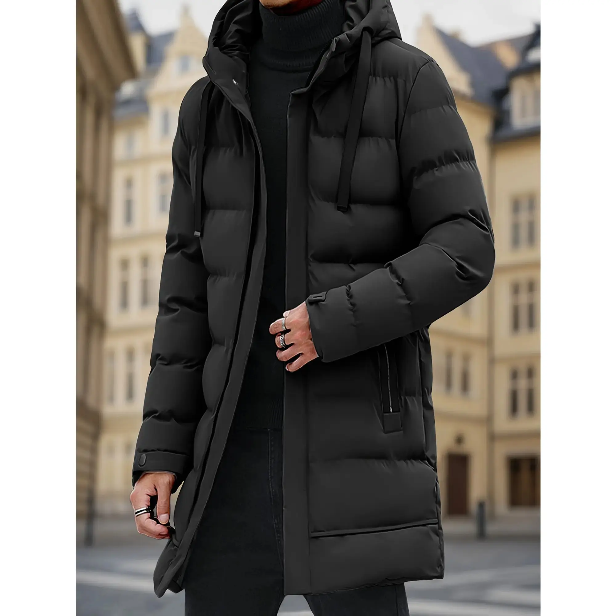Men's Heavy-Duty Windproof Winter Coat Thickened Full-Zip Hooded Padded Jacket with Pockets, Machine Washable Cold-Resistant Outerwear for Skiing Commuting Daily Outdoor Use