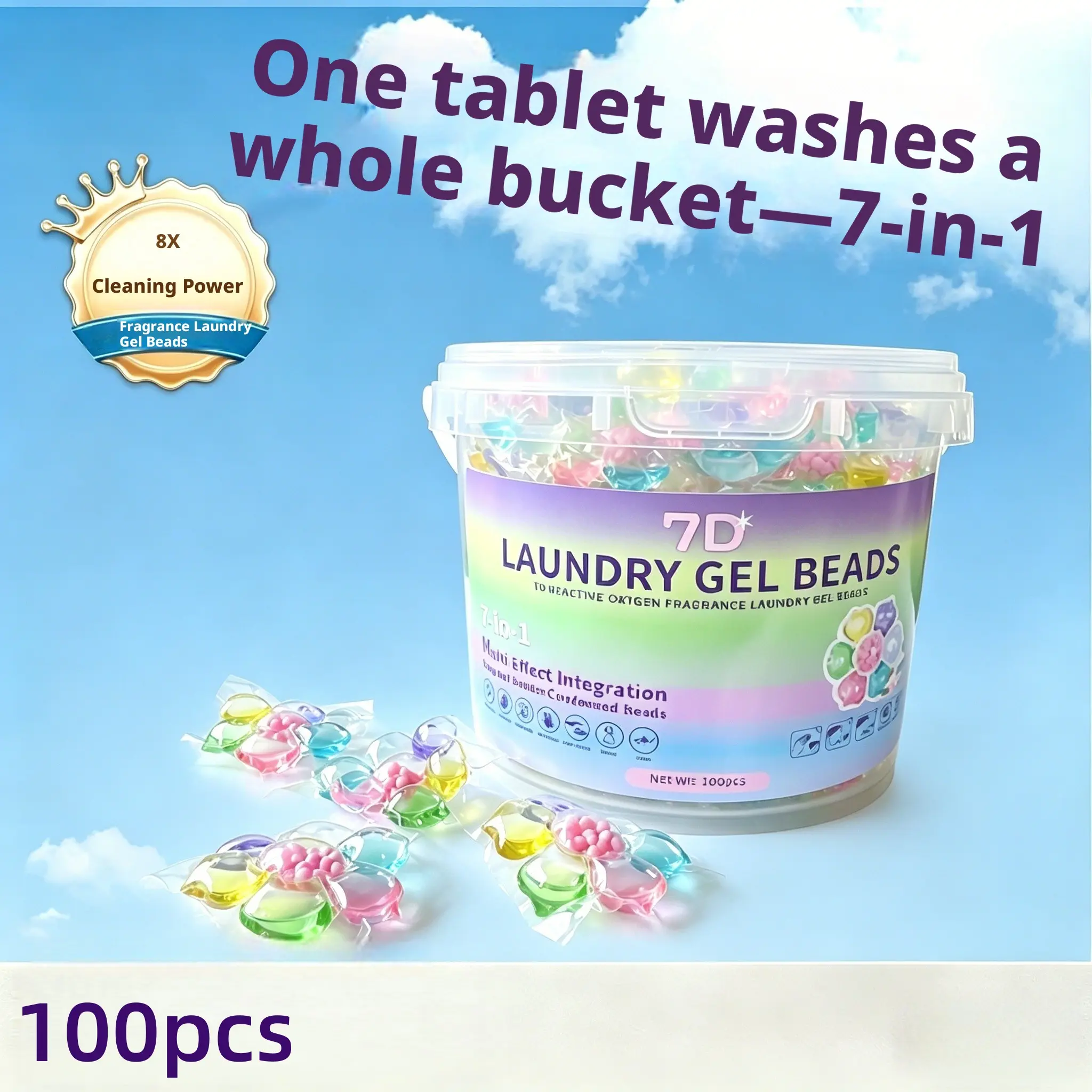 7-In-1 Laundry Gel Beads, Washing Machine Pods, Family Pack 50/100 Count, Deep Cleaning, Bacteria & Mite Removal, Color Protection, Fragrance