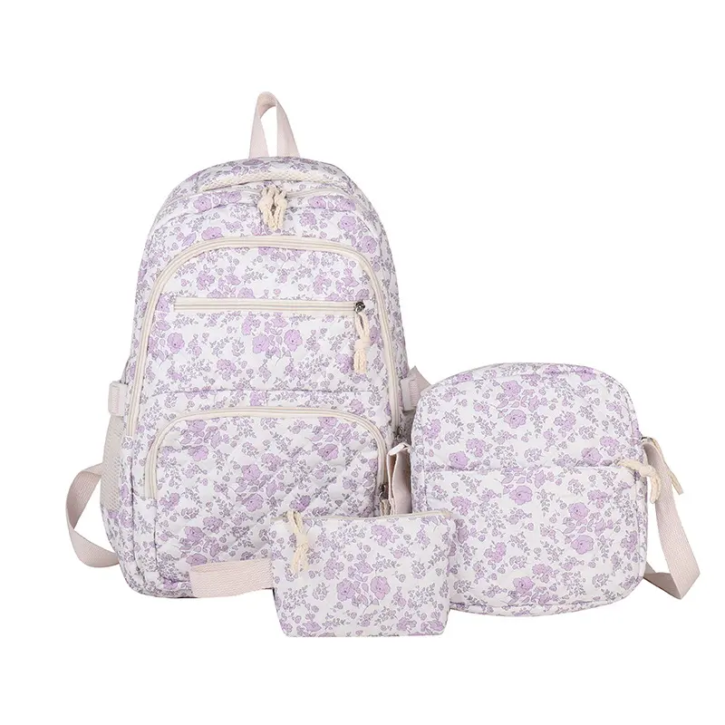 Cute Floral Print 3-Piece Backpack Set for Women | Large Capacity Travel Backpack & Cosmetic Bag | Lightweight Casual Daypack for School, Work, and Weekend Trips