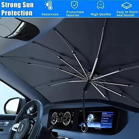 Foldable Car Windshield Sun Shade Umbrella, Car Sunshade, Heat & UV Block Car Front Window Sun Protector, Universal Fit for Cars, SUVs, Trucks & Vans, Easy-to-Install Foldable Sun Shade for Car Interior Protection & Temperature Control