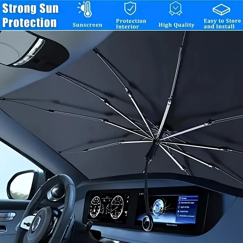 Foldable Car Windshield Sun Shade Umbrella, Car Sunshade, Heat & UV Block Car Front Window Sun Protector, Universal Fit for Cars, SUVs, Trucks & Vans, Easy-to-Install Foldable Sun Shade for Car Interior Protection & Temperature Control