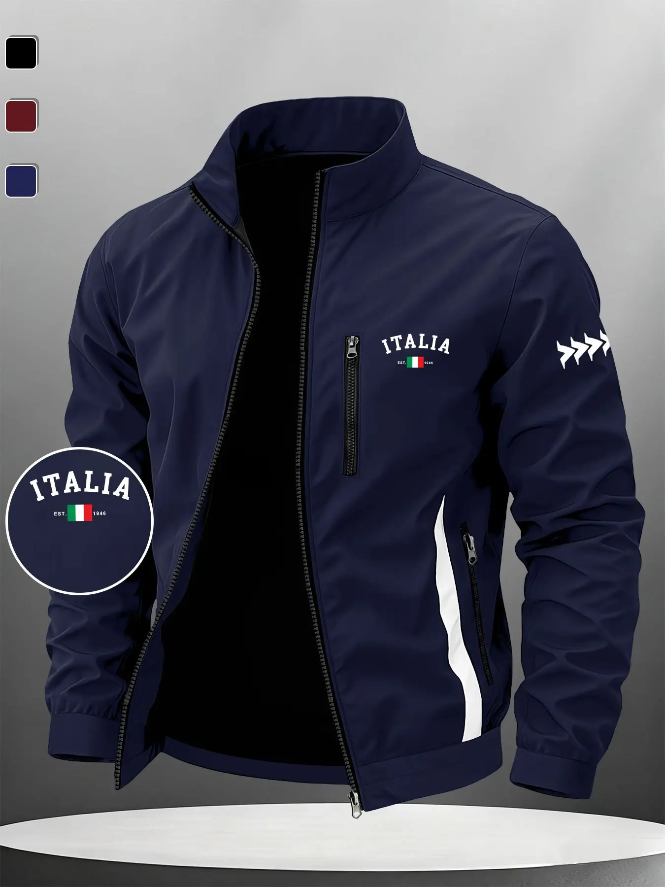Italian Regional Theme Letter Flag Print Men's Patchwork Jacket, Design Zipper, Essential Outdoor Sports Gear, Casual Long Sleeve Outerwear