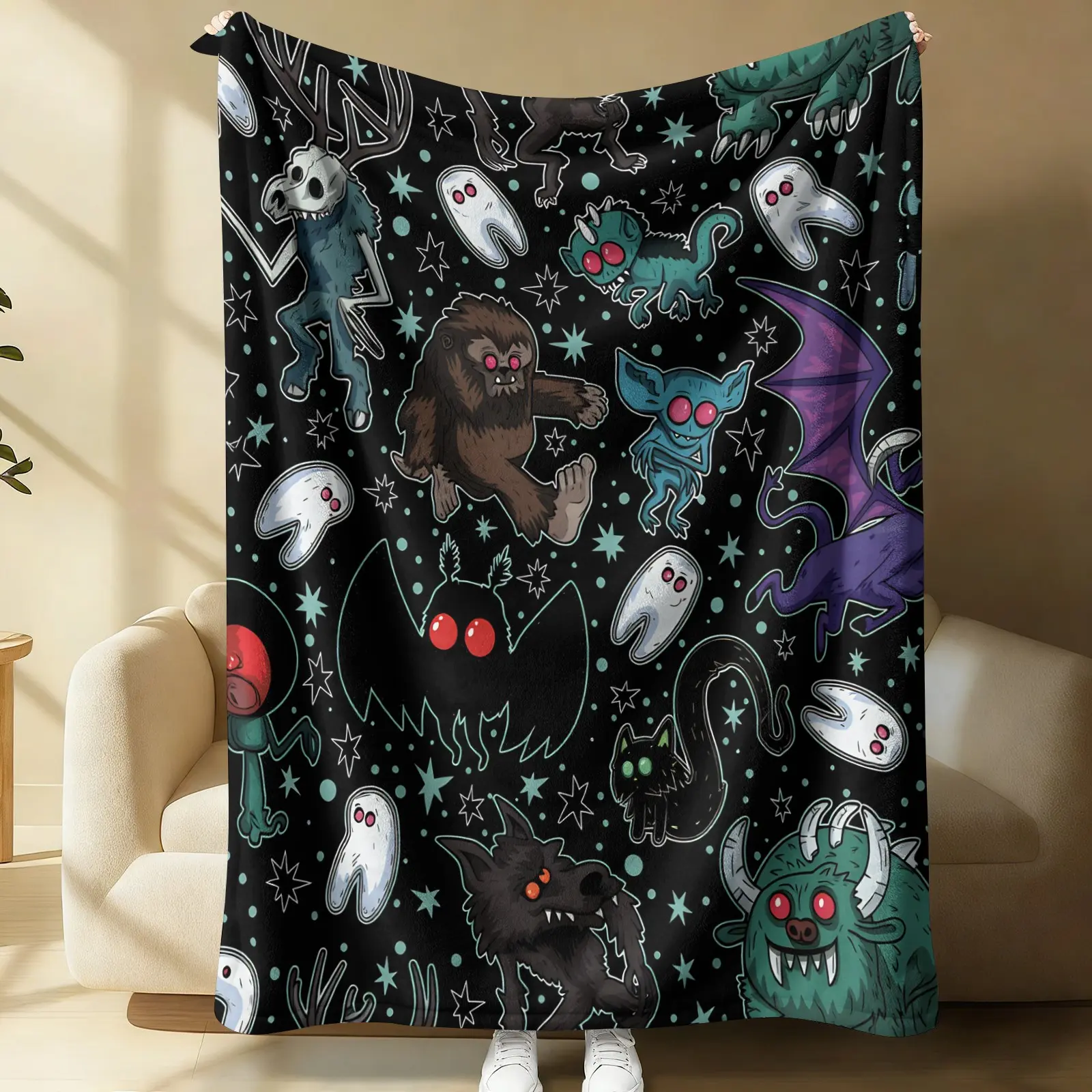 Cute Cryptid Monster Doodle Flannel Throw Blanket, Black Background Bigfoot Mothman Ghost Wolf Print, Lightweight Multi-use Blanket for Nap, Camping, Travel & Home Sofa Bed, Spooky Halloween Gift for Horror Lovers