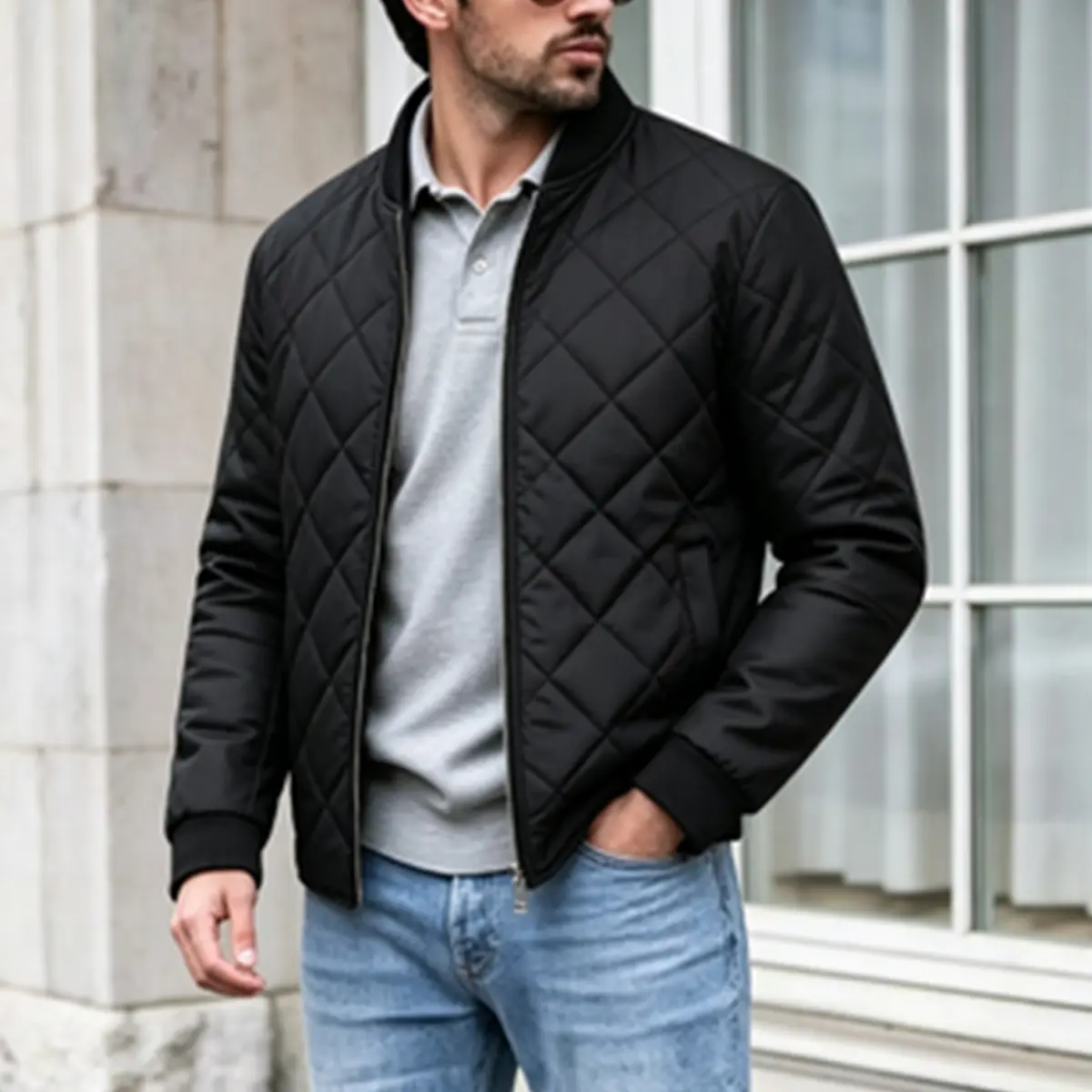 Men's Diamond Quilted Long Sleeve Fitted Cut Bomber Jacket - Menswear Polyester Clothes, Ribbed Collar & Cuffs, Light Padded Windproof Outer Coat, Machine Wash Casual Outerwear for Spring Fall Commuting, Medium Length
