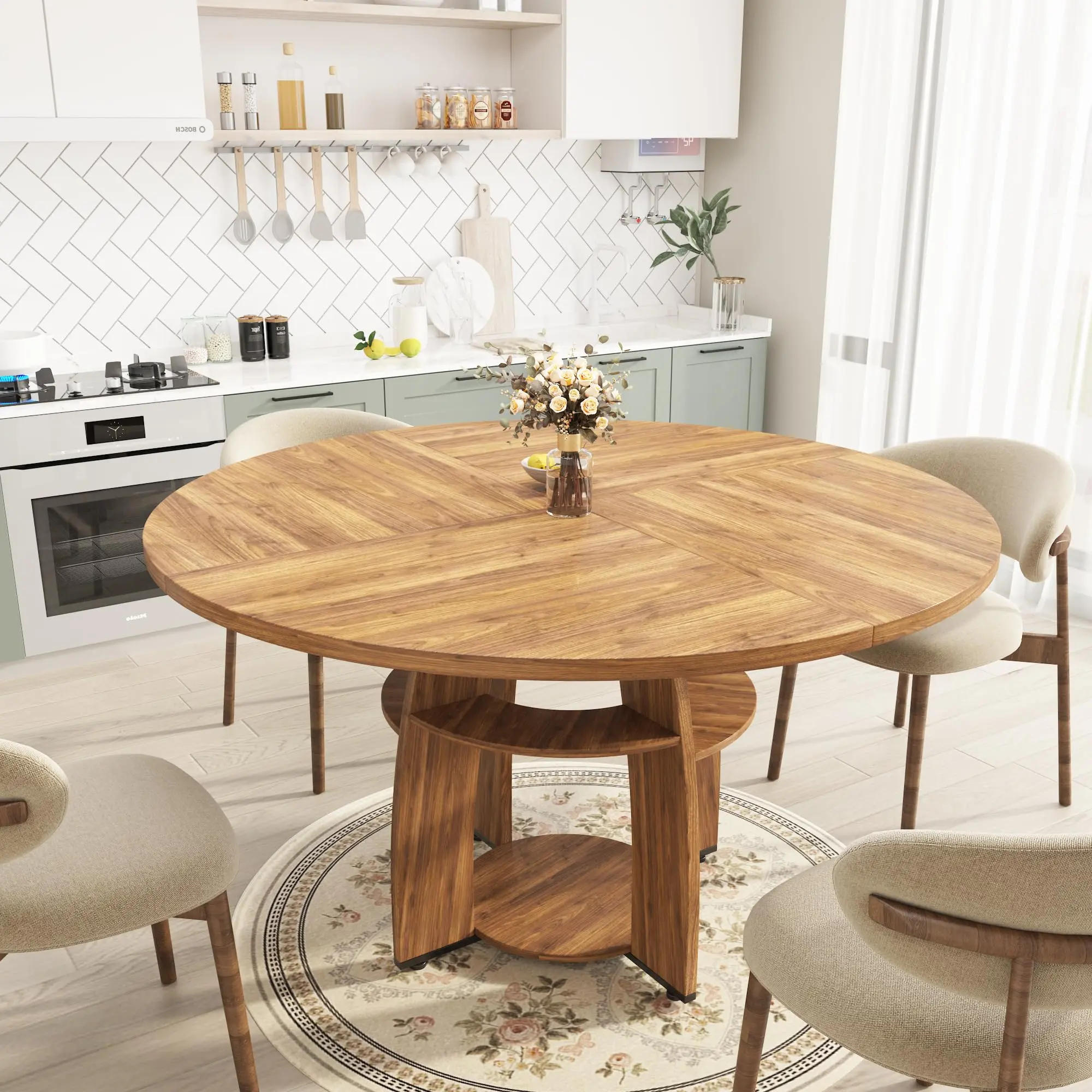 Modern Round Dining Table Only - 4-6 Seats, Wooden Frame, Lower Storage Shelf, Adjustable ft Pads, Easy Assembly/Cleaning, Apartment Furniture, Small Space Furniture, Step-by-Step Instructions & Assembly Guide, Compact Black Indoor Table, Furniture For Sm