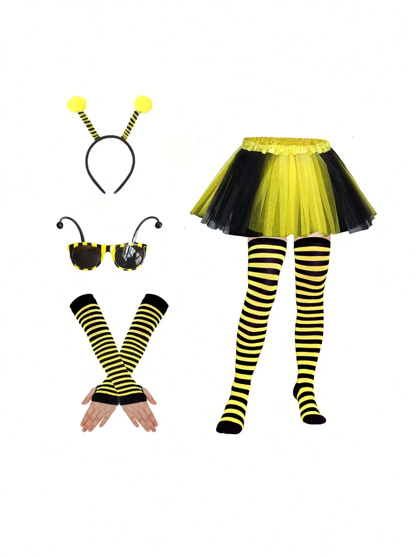 Bee Theme Cosplay Costume Set, Halloween, Includes Antenna Headband, Striped Sunglasses, Mesh Skirt, Striped Leggings, Striped Arm Guards