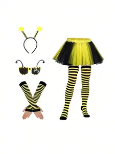 Bee Theme Cosplay Costume Set, Halloween, Includes Antenna Headband, Striped Sunglasses, Mesh Skirt, Striped Leggings, Striped Arm Guards