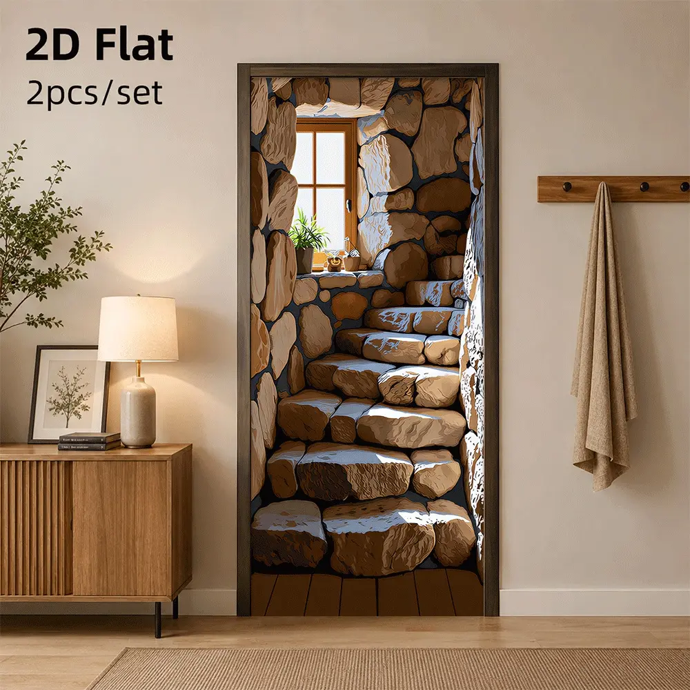 1pc Vintage Stone Wall Door Sticker, Self-Adhesive Removable Rustic Decor for Living Room, Bedroom or Entryway, 2D Flat