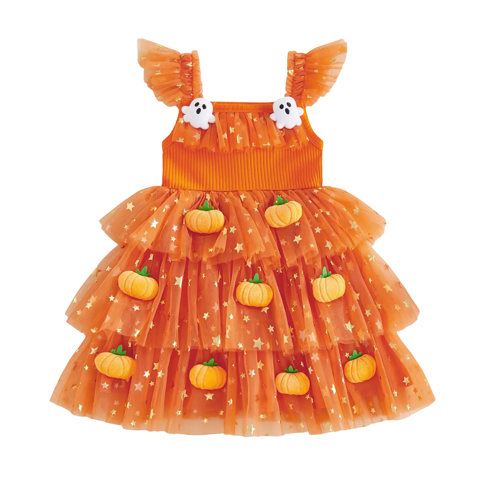 Babamoon Toddler Girl's Cotton Princess Dress - Flying Sleeves, 3D Pumpkin Ghosts, A-Line Tiered Tulle Halloween Party Sundress Costume