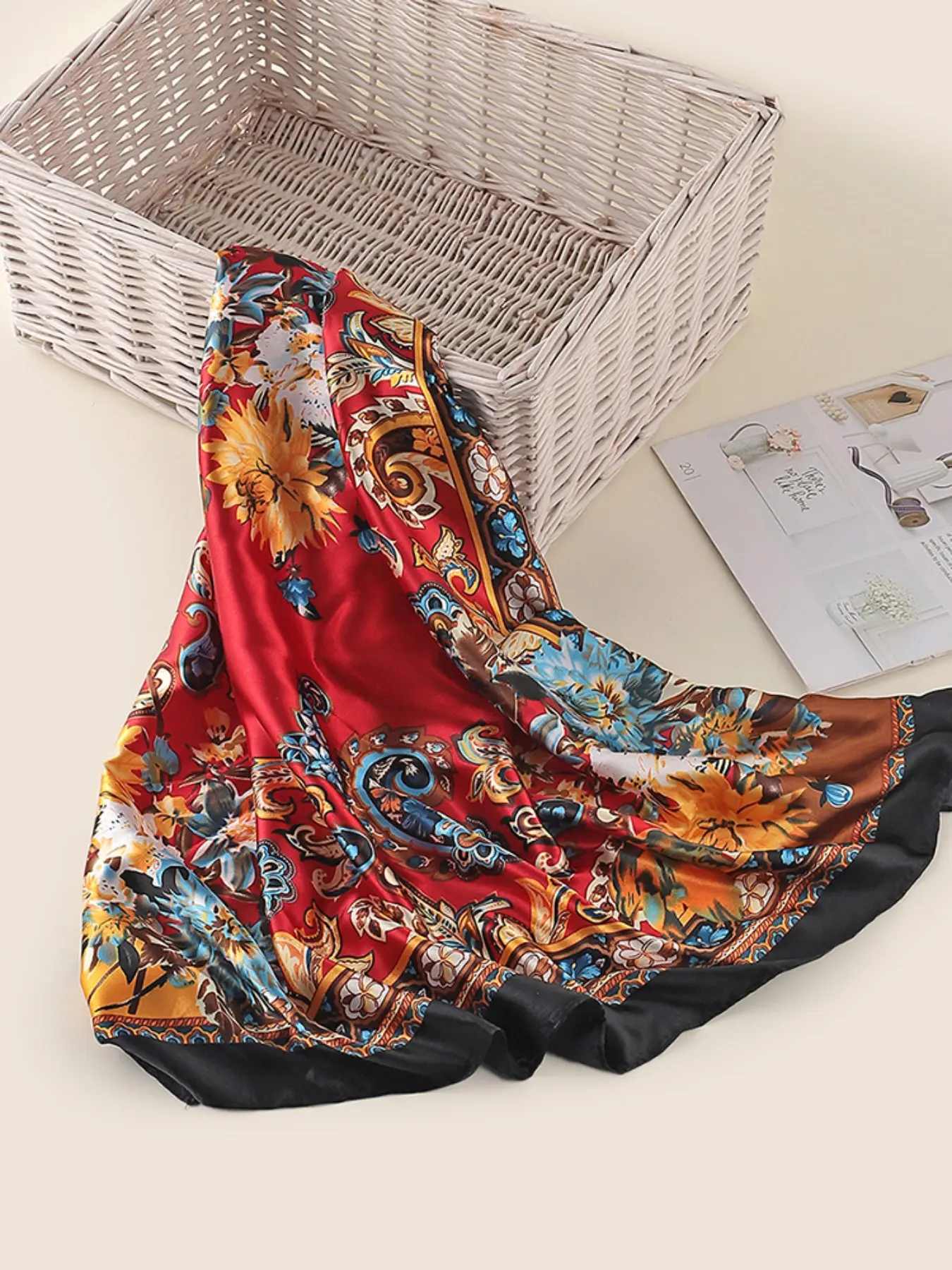 Jacquard Flower Square Scarf, 90x90cm Travel Accessory, French Vintage Women's Headscarf Neck Wrap, All Seasons Fitted