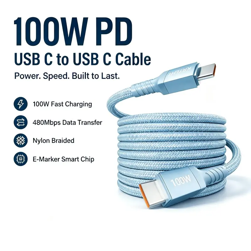 KRTLHE 100W Fast-Charging Cable (Supports Data Transfer), wear-resistant usb cables, tough charging cables and flexible charging cords with anti-tangle braided surface, made for iPhone 15/16, MacBook, iPad, Samsung, Xiaomi and gadgets, available in 6 colo