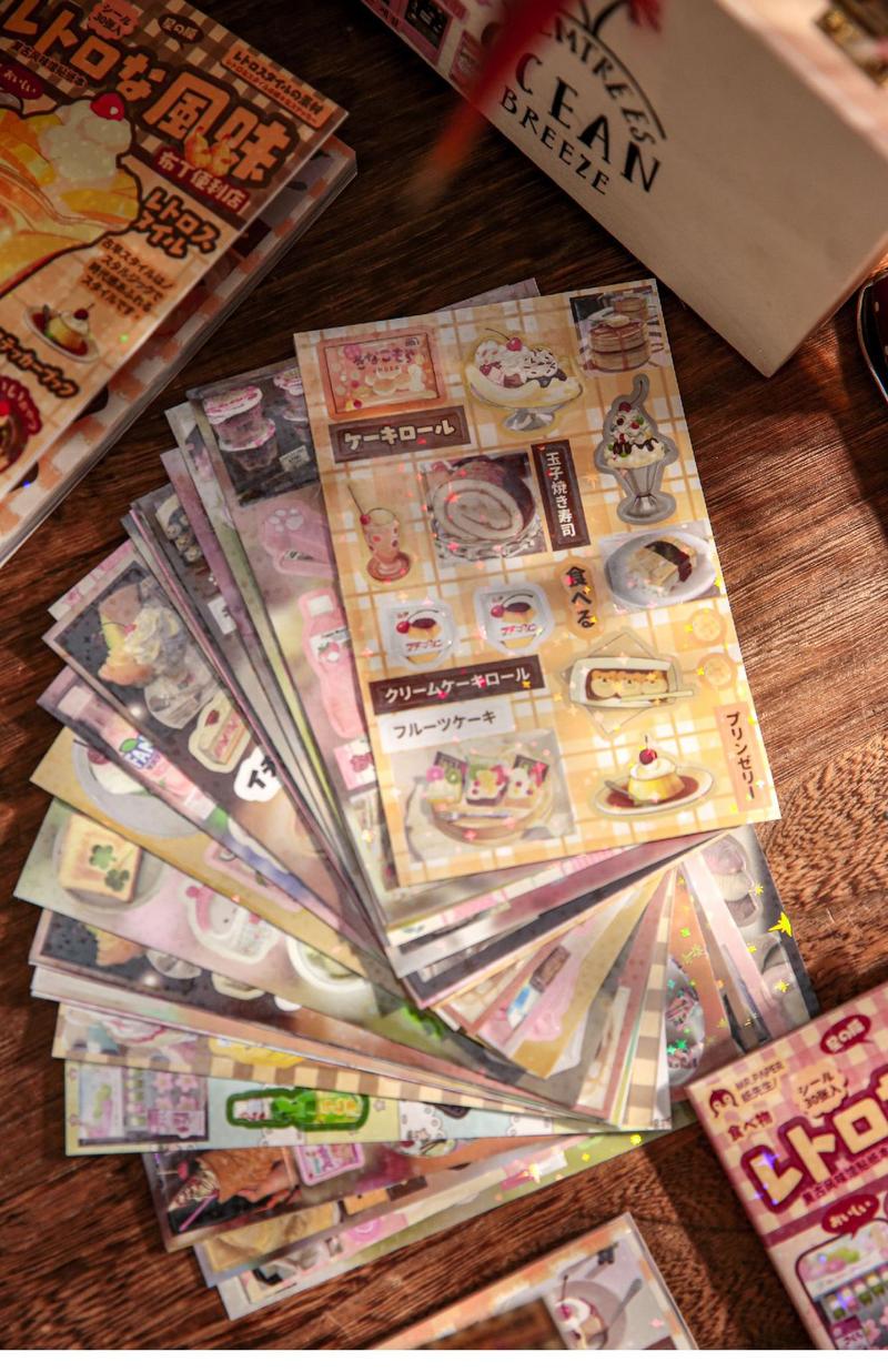 60 sheets/set, retro stickers, food theme, cute healing style, coated paper material, can decorate mobile phones, photo albums, water cups.