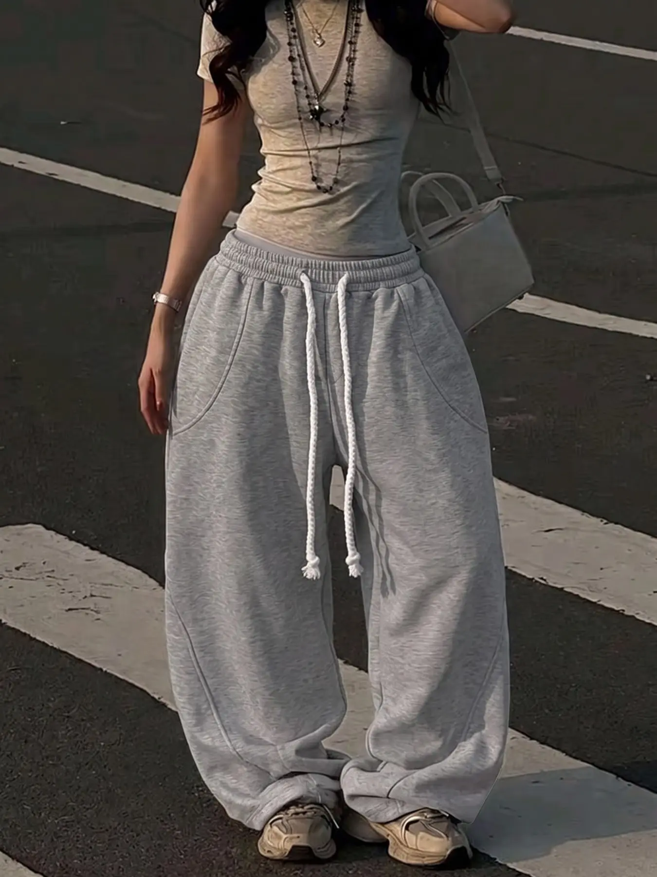 Heather Gray Drawstring High Waist Loose Wide Leg Sweatpants, Adjustable, Casual Jogger Trousers with Big Braided Cords, Elastic Waist Relax Fit Streetwear Bottoms