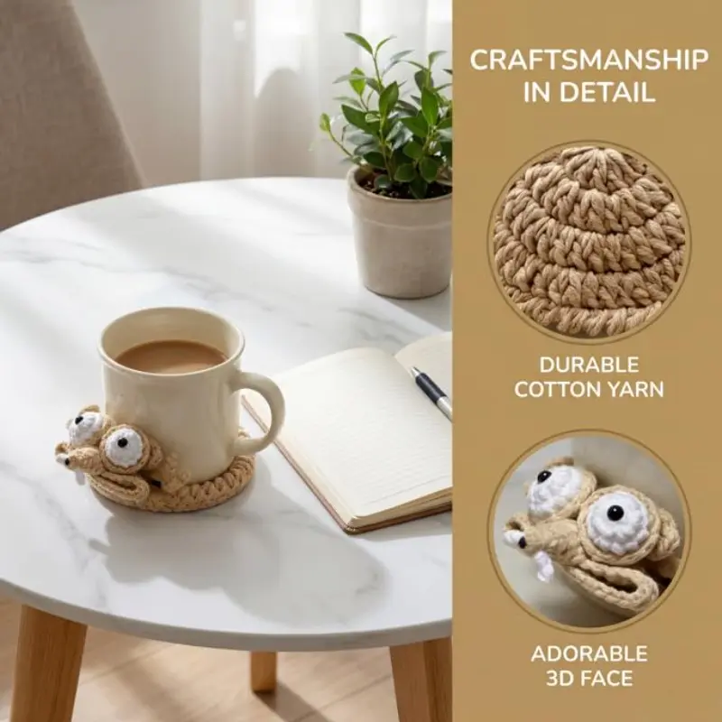 Crochet Squirrel Coaster, 3D Handmade Animal Coaster, Interactive Knitted Coaster for Coffee Tea Table Decor, Surface Protection, Forest Animal Lovers