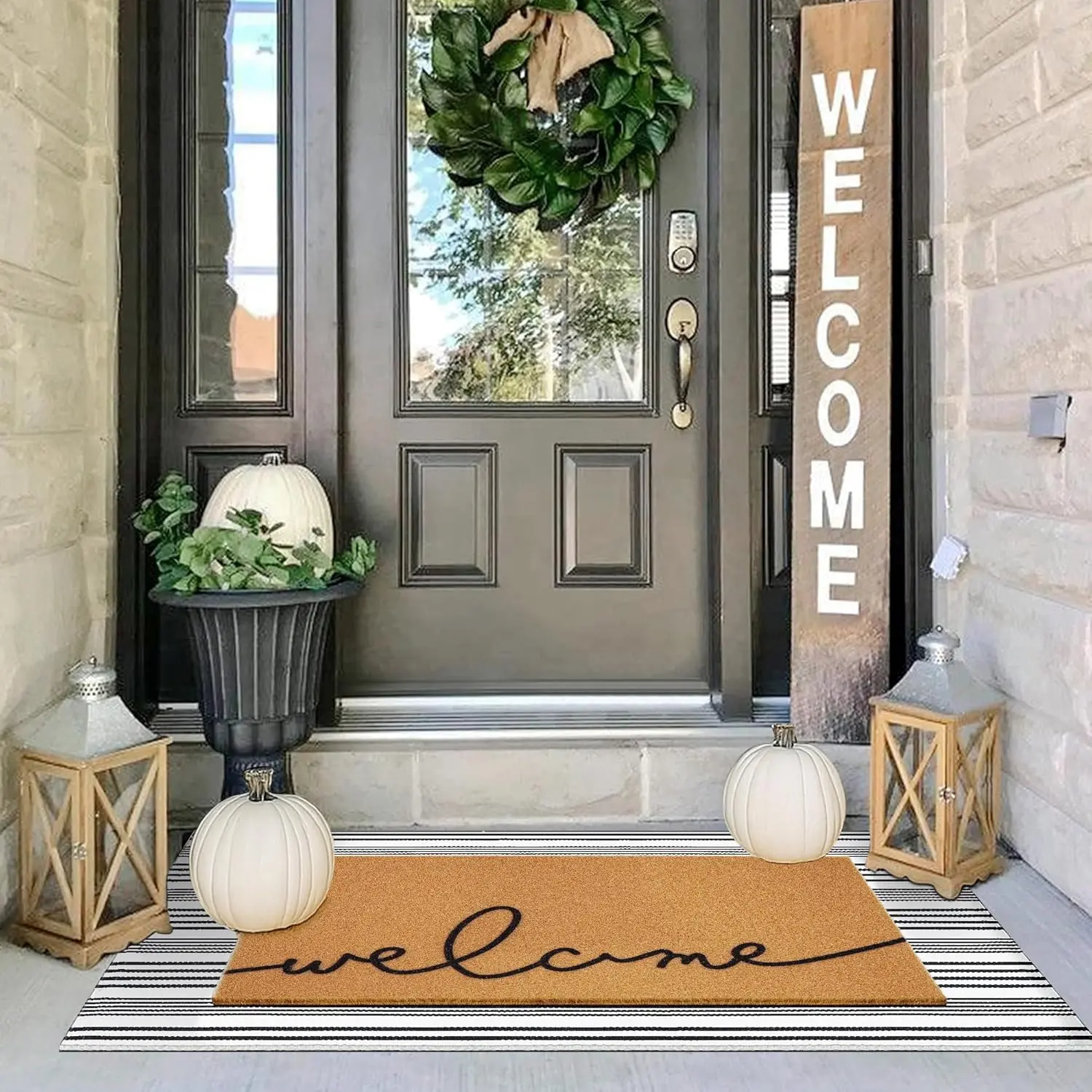 2 count Summer Door Mat, Coco Coir Welcome Doormat with  Striped Mats, Extra Thick & Non-Slip Backing for  Front Porch Entryway, Seasonal Layered Porch Décor Floor Mat (Welcome)