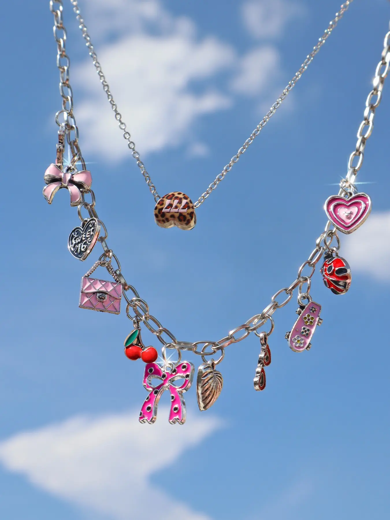 Heart Cake Charm Multi-Layer Necklace, Lucky Number 777 Leopard Print Necklace, Vintage Bow Flower Necklace, Fashion Jewelry
