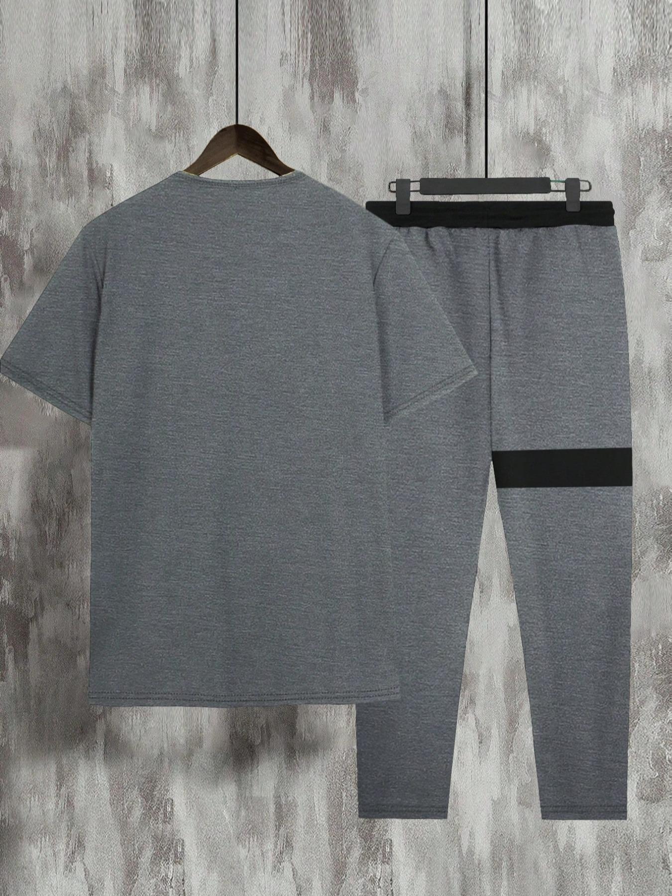 Two Counts Men's Patchwork Colorblock Print Pocket Pants Set, Casual Short Sleeve Fitted Crewneck Round Neck Jersey Tee & Drawstring Waist Pants Casual Trousers, Men's 2 Piece Set, T Shirt Set, Fashion Men's Outfits For Summer, Clothing, Menswear