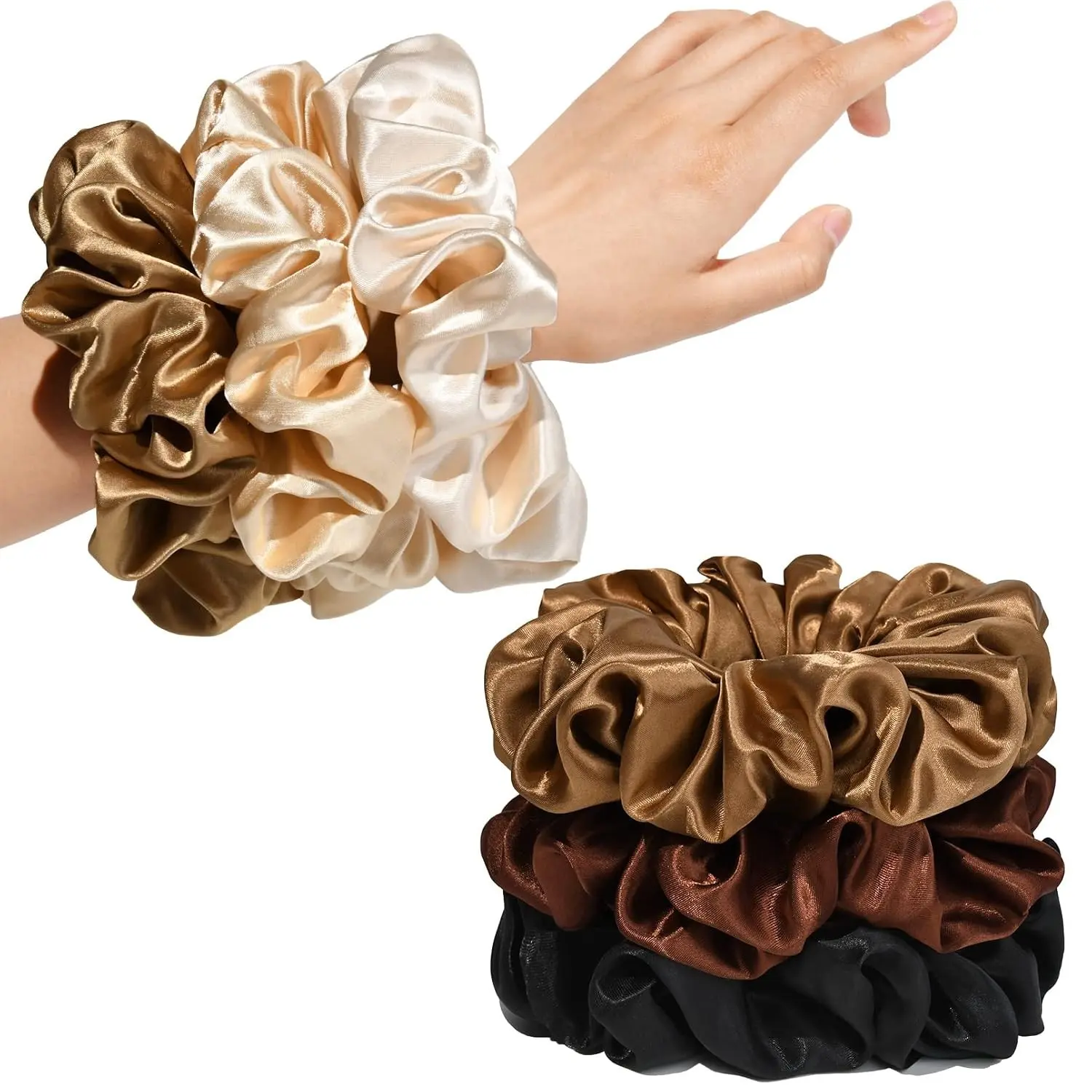 Large Silk Satin Scrunchies for Women - Jumbo Hair Ties for Thick Curly Hair, Pack of 6 (Black, Champagne, Brown, Gold)
