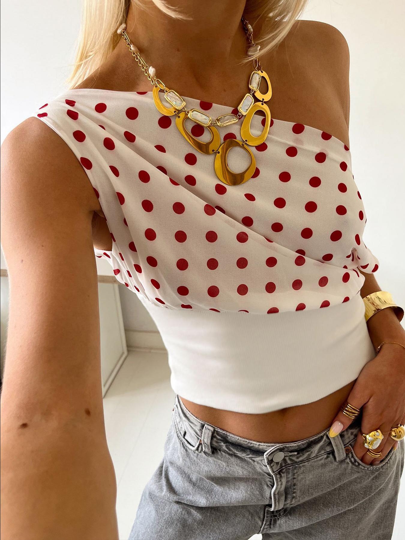 Women's Polka Dot Print Asymmetrical Neck Crop Tank Top, Casual Fitted Sleeveless Cropped Top for Daily Wear, Ladies Clothes for All Seasons