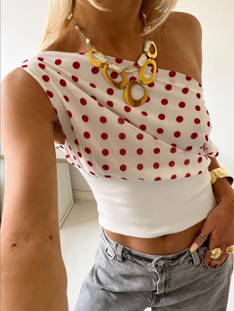 Women's Polka Dot Print Asymmetrical Neck Crop Tank Top, Casual Sleeveless Cropped Top for Daily Wear, Ladies Clothes for All Seasons, Casual Elegant Sleeveless