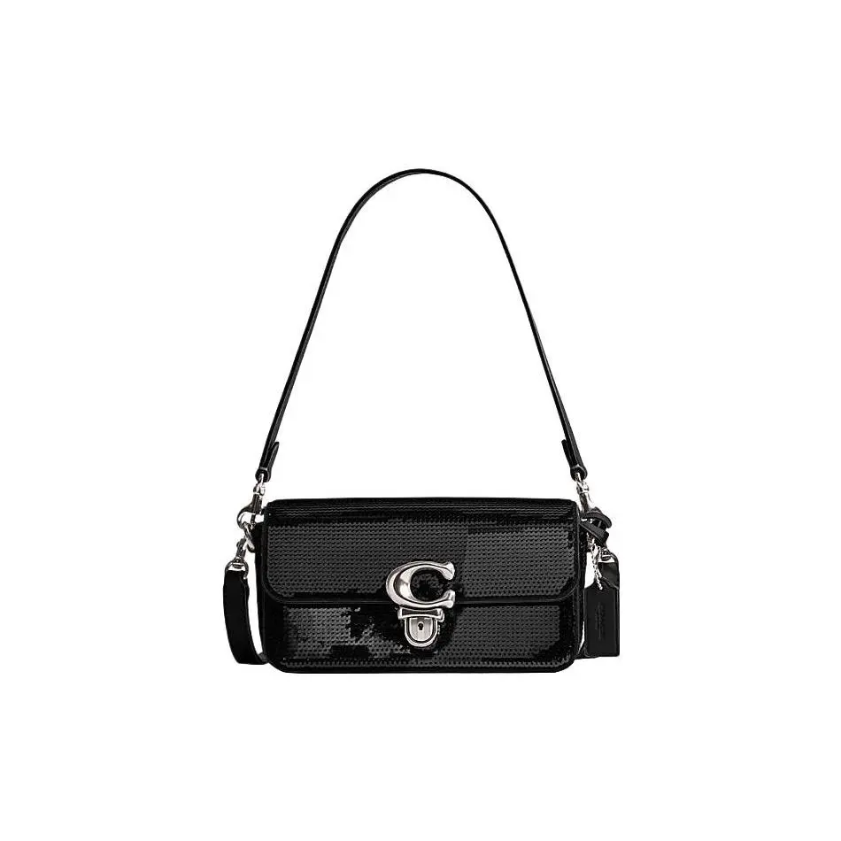 COACH Studio 20 Logo-Embellished Croissant Shoulder Bag for Women, Small Black Leather Handbag