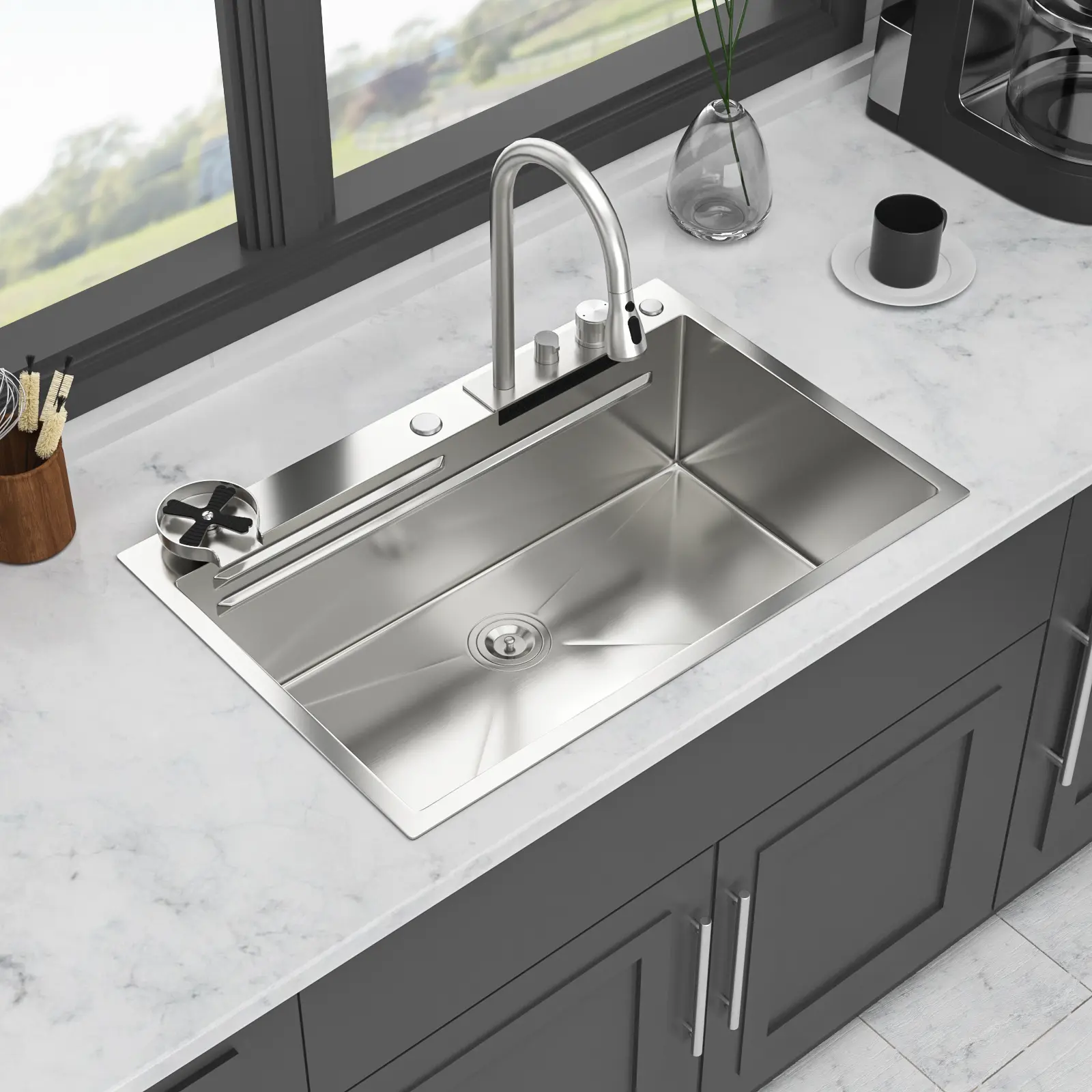 Brushed Nickel 33x22x10 In Drop-In Ledge Workstation Kitchen Sink - ARCH 16 Gauge Stainless Steel Single Bowl with Pull-Down Faucet, Cup Washer, Undermount Farmhouse Apron Front for Kitchen Island, Bar Prep, 33X22x10 Inch