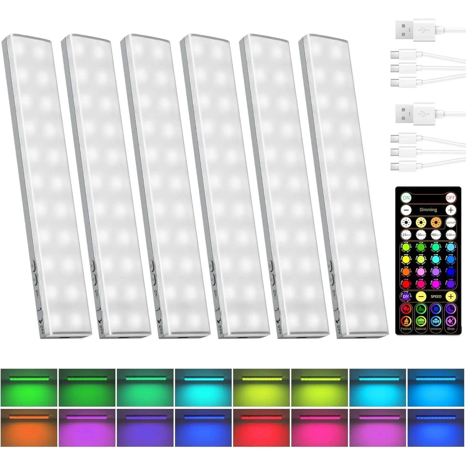 6-Pack RGB Color Changing Wireless Under Cabinet Lights - 1800mAh Rechargeable LED Strip Lights with Remote, Timer, Dimmable, 80 Colors, Batteries Included for Gaming Setup, Cabinets, Wine Rack