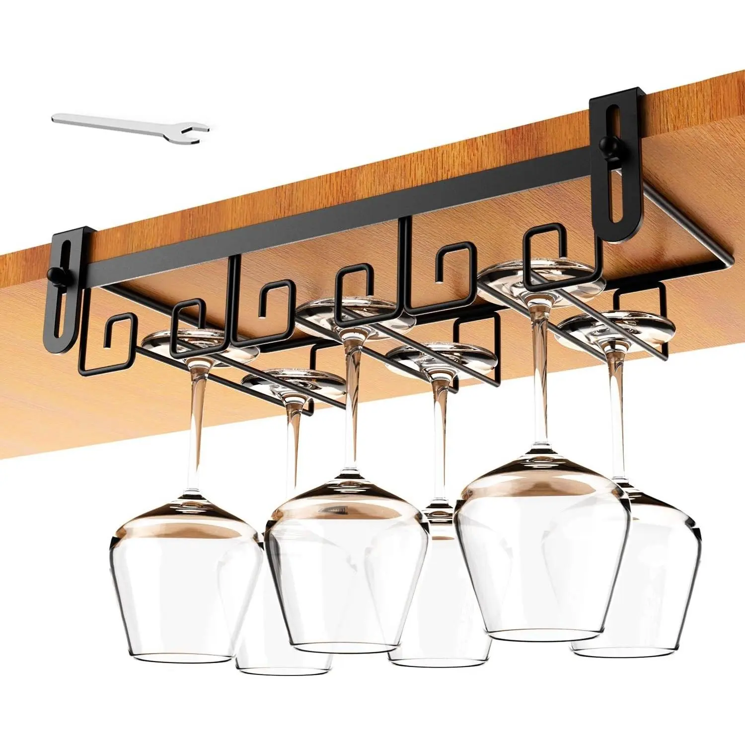 Under Shelf Wine Glass Holder - Black, Stemware Rack for Cabinet, Holds Multiple Glasses