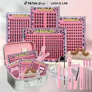 Lash&Lab Manga Lash Clusters Kit – Mixed Length D Curl DIY Eyelash Extensions with 4 Boxes Lashes, Makeup Case, Bond & Seal, Remover, Tweezers, Applicator, Curler, 3 Brushes & Headband for Women & Beginners