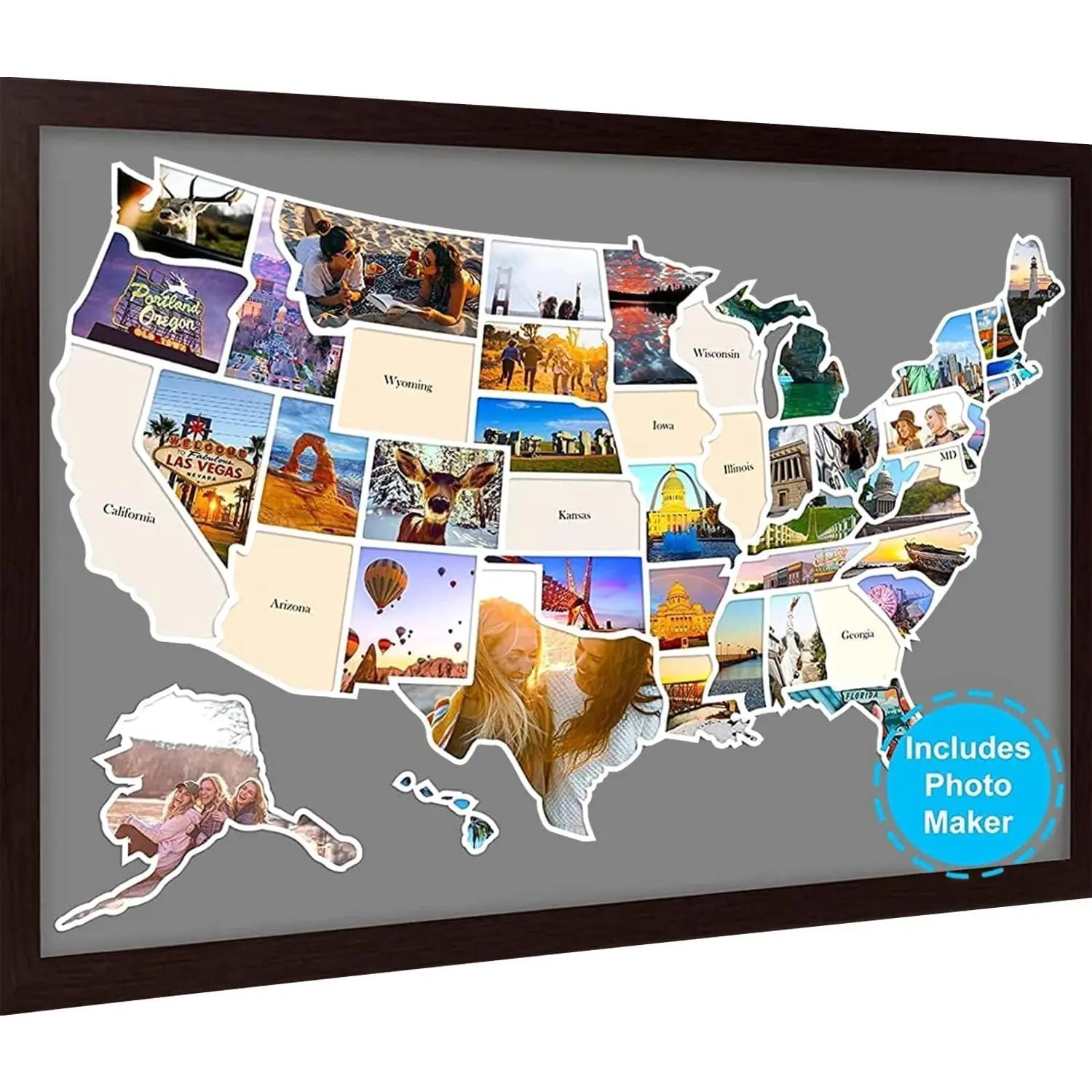 USA Photo Map - 50 States Travel Map 24 x 36 in, Includes Photo Maker, Idea Gift for Lovers Couples Adventurers, United States Weve Visited Vocation Travel Tracker Wall Décor (Frame NOT Included)