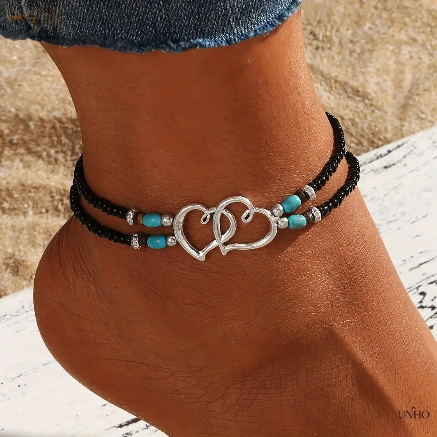 Women’s 4‑Pcs Shimmering Multicolor Beaded Anklet Set, Hollow Double‑Heart Elastic Adjustable Boho‑Chic Ankle Bracelets, Unisex Ornaments For Casual Outfits And Daily Sports‑Wear