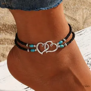 Women’s 4‑Pcs Shimmering Multicolor Beaded Anklet Set, Hollow Double‑Heart Elastic Adjustable Boho‑Chic Ankle Bracelets, Unisex Ornaments For Casual Outfits And Daily Sports‑Wear