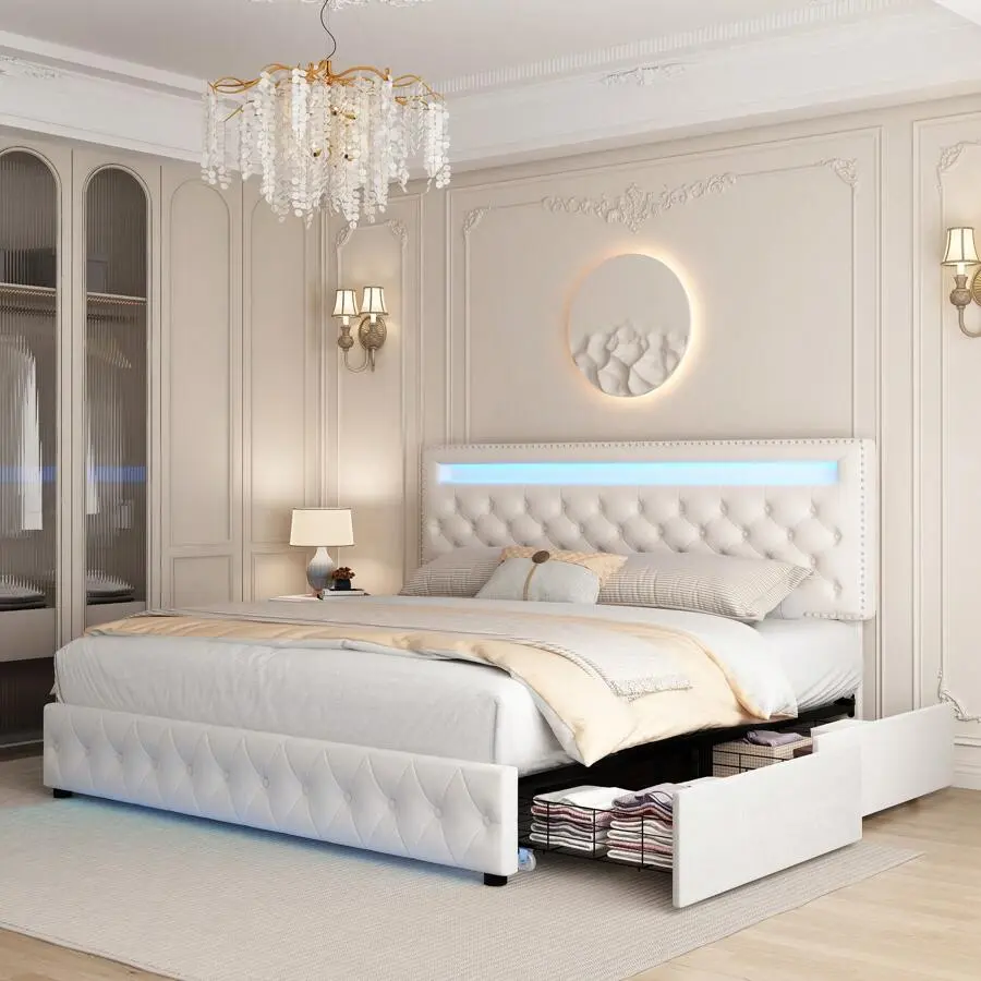 Queen Upholstered Bed Frame - RGBW Smart LED Headboard & Footboard, Adjustable Headboard, 4 Drawers, Bed With Storage Underneath, Platform Storage Bedframe, No Box Needed, Upholstered Bed Frames