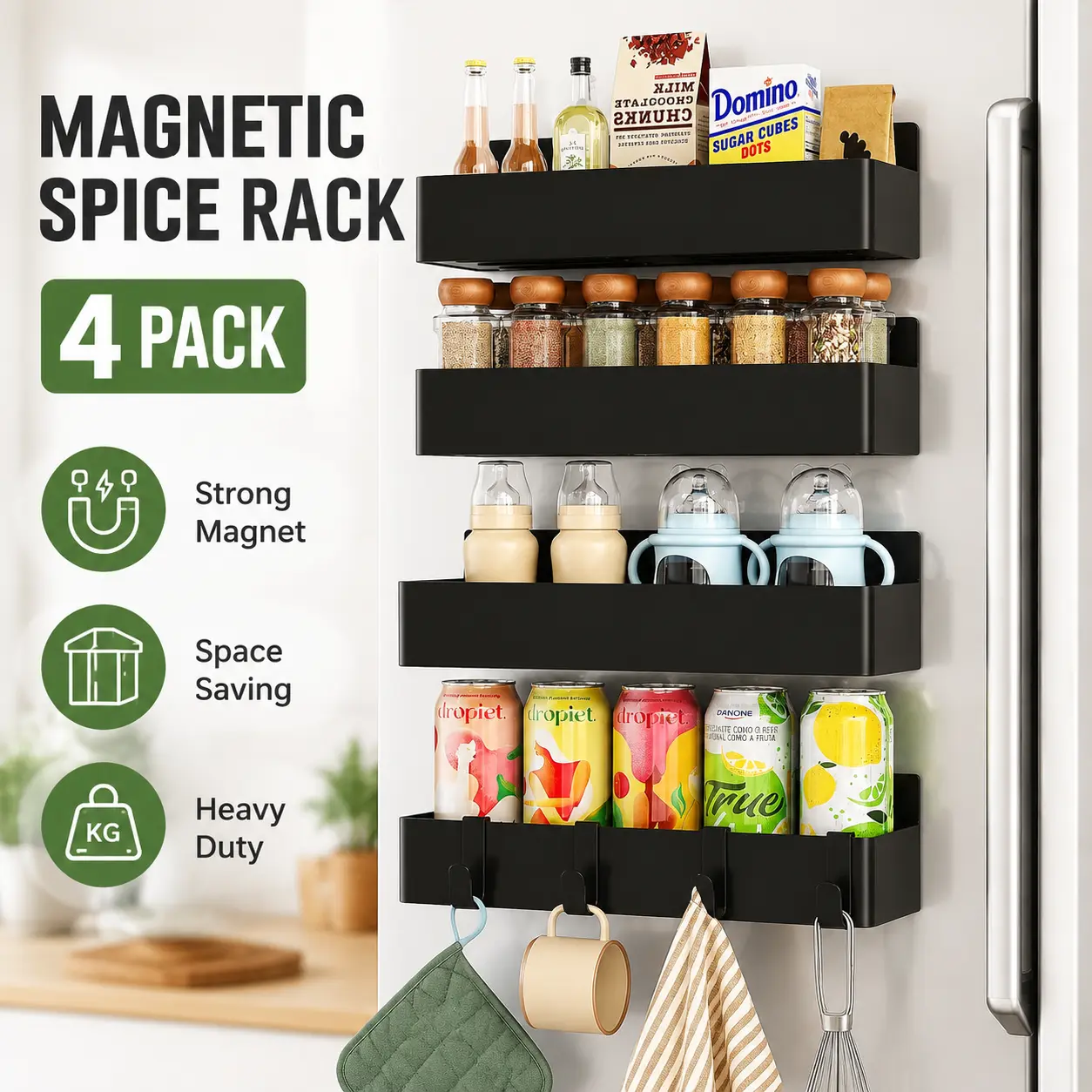 4-Pack Black Magnetic Spice Racks - Strong Magnet, Space-Saving Fridge Kitchen Organizer for Spice Storage & Convenient Seasoning Access