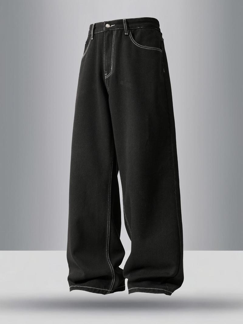 Men's Solid Color Wide Leg Slouchy Jeans, Loose Casual Comfy Denim Trousers for Daily Wear, Fashion Men's Bottoms for All Seasons