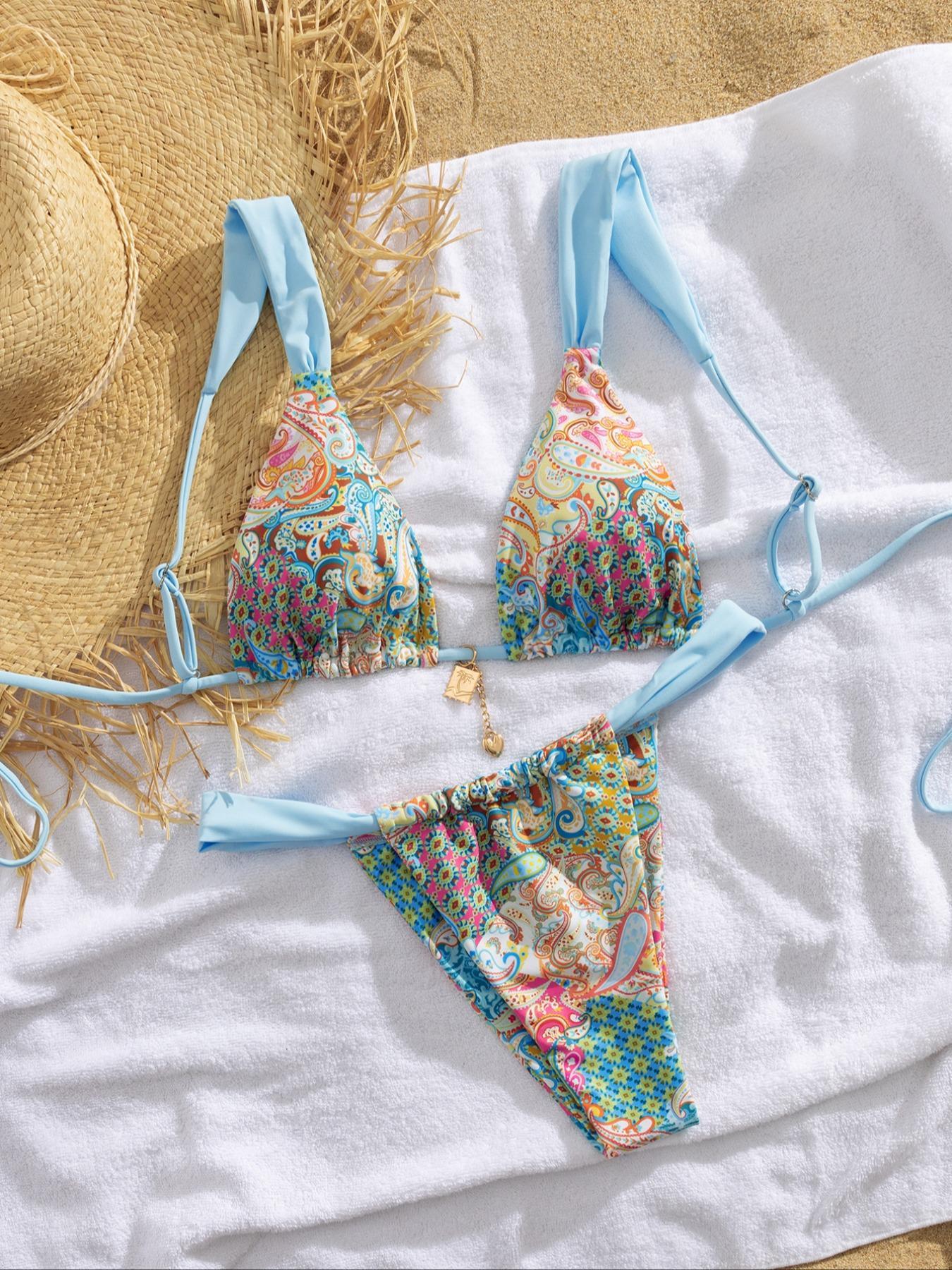 Women's Patchwork Print Bikini Set, Casual Adjustable Strap Tie Back Swim Top & Swim Bottom, Women's Swimsuit for Summer Beach Holiday Vacation, Patchwork Bikini Sets