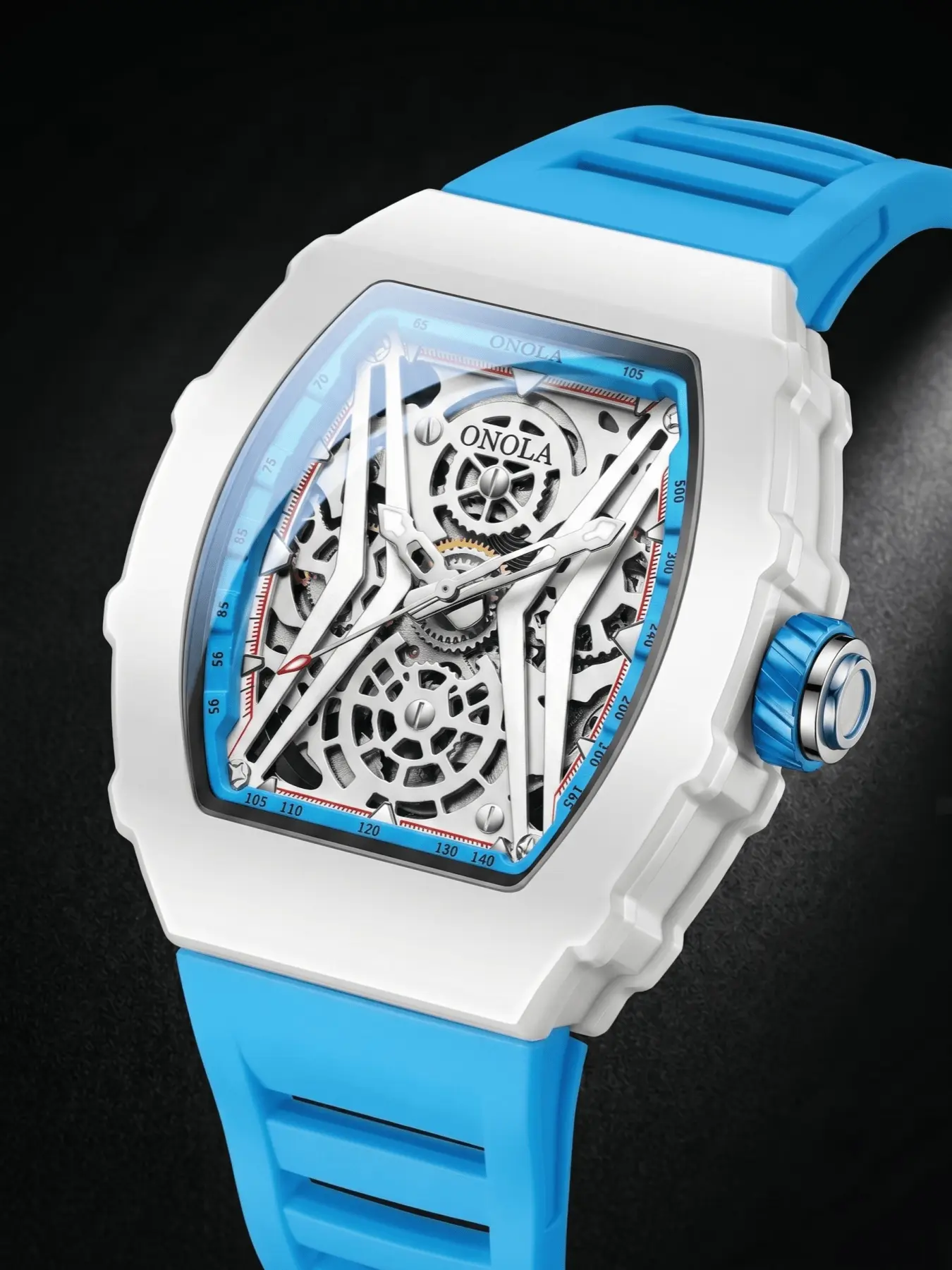 ONOLA Men Automatic Watch, Luxury Business Wristwatch, Barrel Skeleton Dial Automatic Watch, Soft Silicone Strap Fashion Timepiece, Trendy Stylish Mechanical Watch For Daily Business Casual Daily Wear