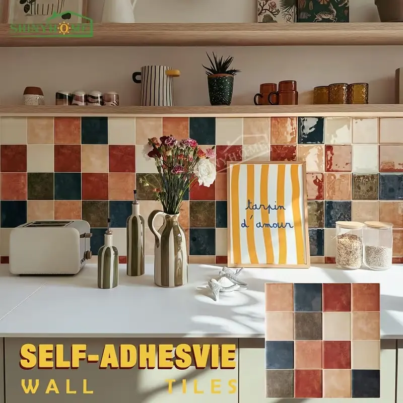 10pcs Colorful Self-Adhesive Splash-Proof Wall Stickers, Kitchen Bathroom Square Tile Stickers, Multi-Color Mosaic Checkerboard Pattern, No Glue Required