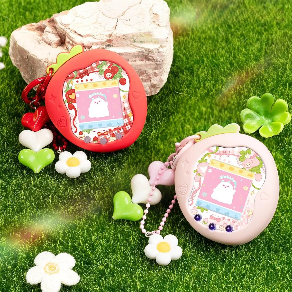 For Tamagotchi Uni Cute Apple/Strawberry Silicone Protective Case Kit with Soft Knob Cover With Panel Paper & Pendant
