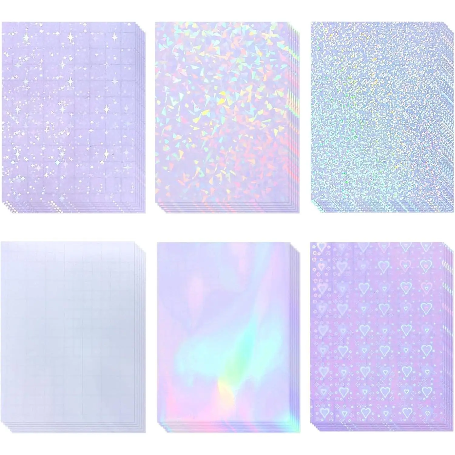 36 Sheets Transparent Holographic Laminate Sheets Self Adhesive Waterproof Clear Vinyl Overlay, 8.5x11 inch 6 Patterns for Stickers
